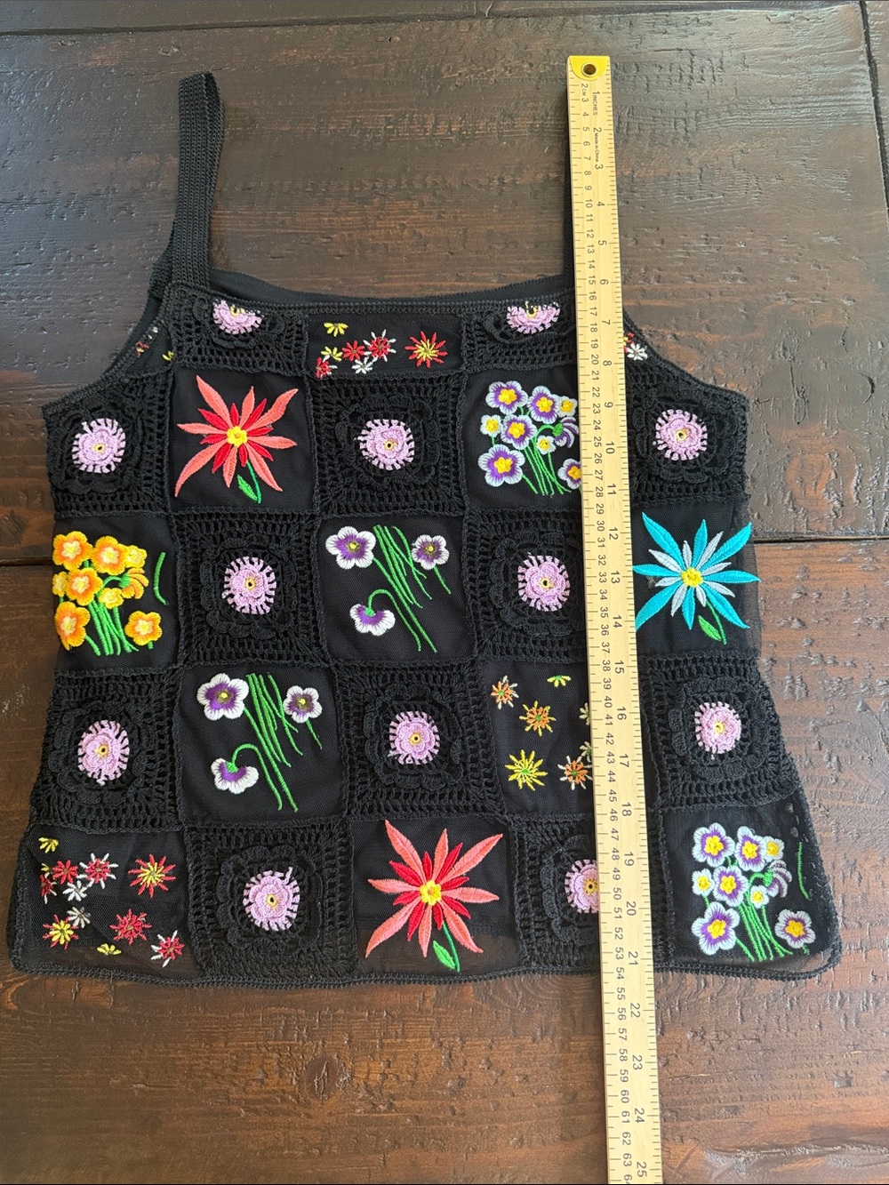 Boho Floral Granny Square Crochet Tank Top Black Embroidered Mesh M - Picture 7 of 12